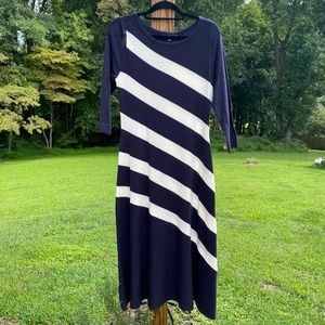 Ann Taylor Bias A-Line Diagonal Stripe Sweater Dress Wool Blend Navy Sz Medium
